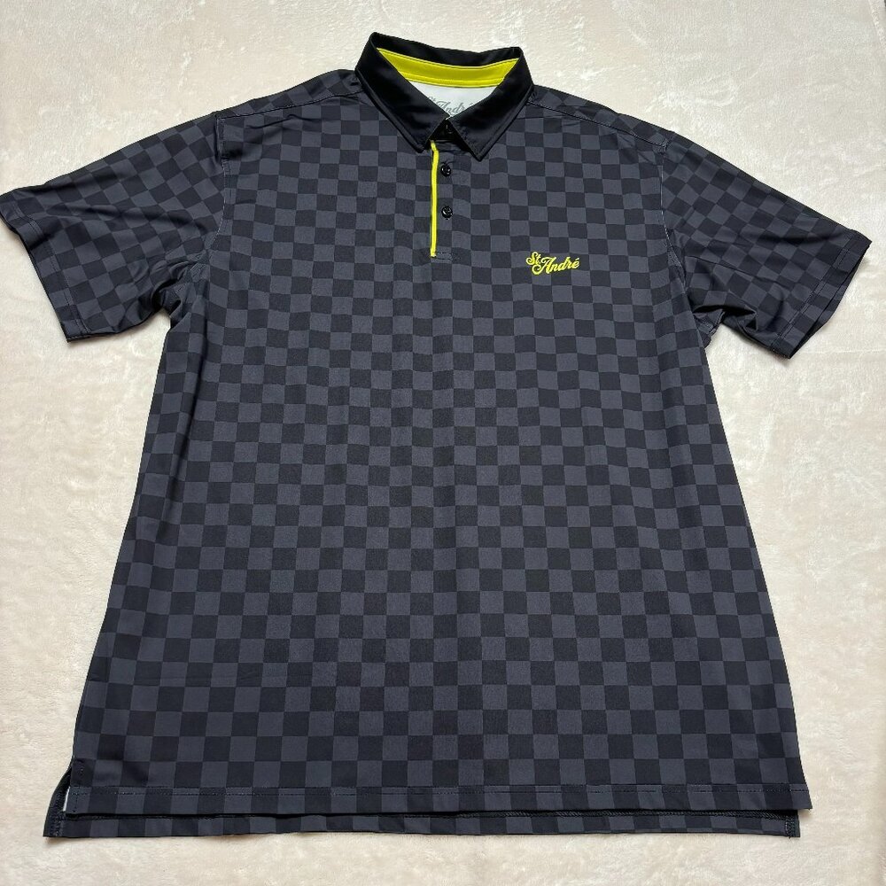 St Andre Golf x Breakfast Balls Mens Polo Shirt Size XL‎ Grey Black Checkered